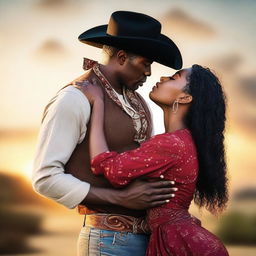 A black woman kissing an American cowboy