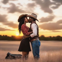 A black woman kissing an American cowboy