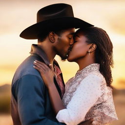 A black woman kissing an American cowboy