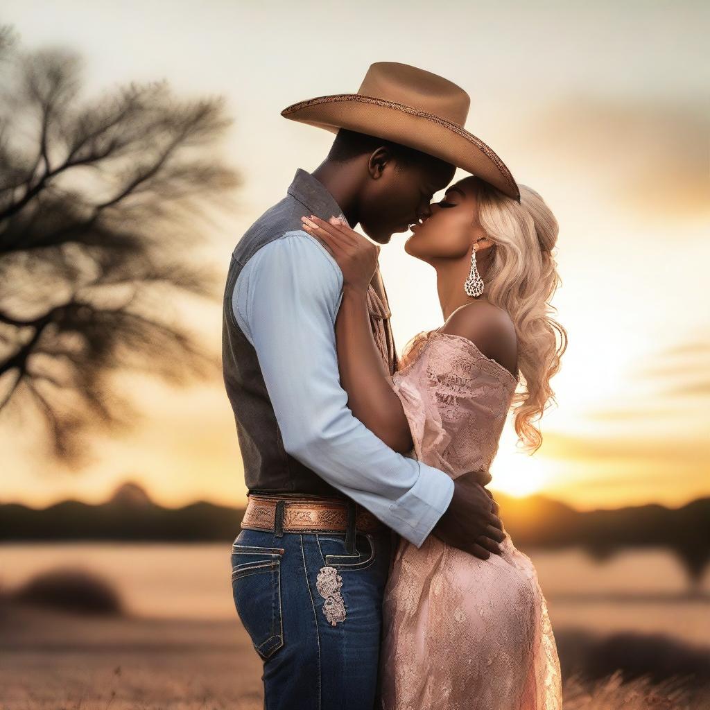 A black woman kissing a blonde American cowboy