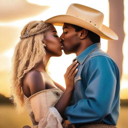 A black woman kissing a blonde American cowboy