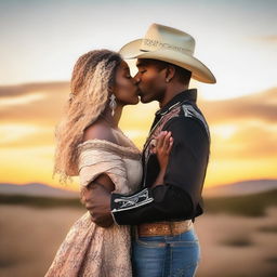 A black woman kissing a blonde American cowboy