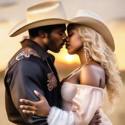 A black woman kissing a blonde American cowboy