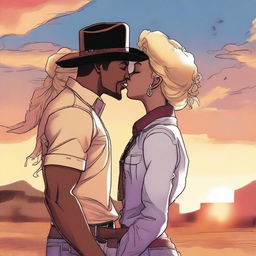 A black woman kissing a blonde American cowboy in a manga art style