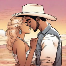 A black woman kissing a blonde American cowboy in a manga art style