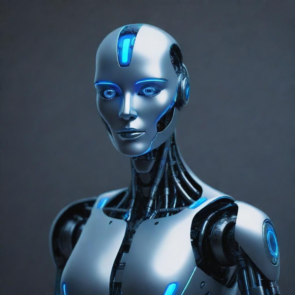 A conceptual representation of artificial intelligence, depicted as a futuristic, sleek robot with neon blue detailing.