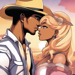 A black woman kissing a blonde American cowboy in a manga art style