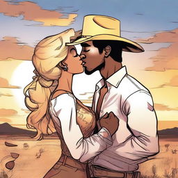 A black woman kissing a blonde American cowboy in a manga art style