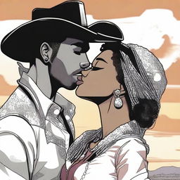 A black woman kissing an American cowboy who is wearing an earring, depicted in a manga art style