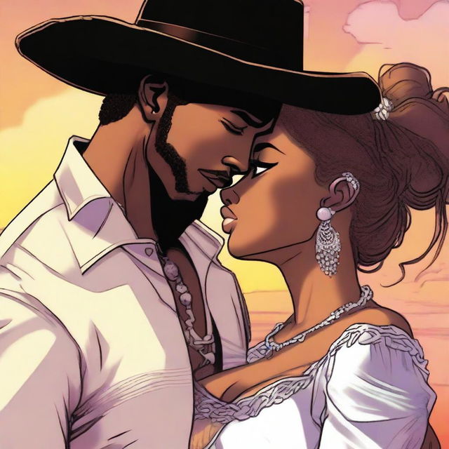 A black woman kissing an American cowboy who is wearing an earring, depicted in a manga art style