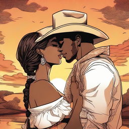 A black woman kissing an American cowboy who is wearing an earring, depicted in a manga art style