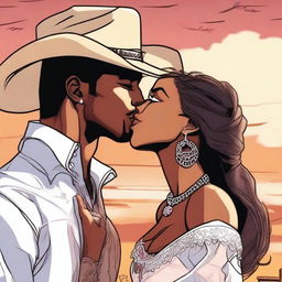 A black woman kissing an American cowboy who is wearing an earring, depicted in a manga art style