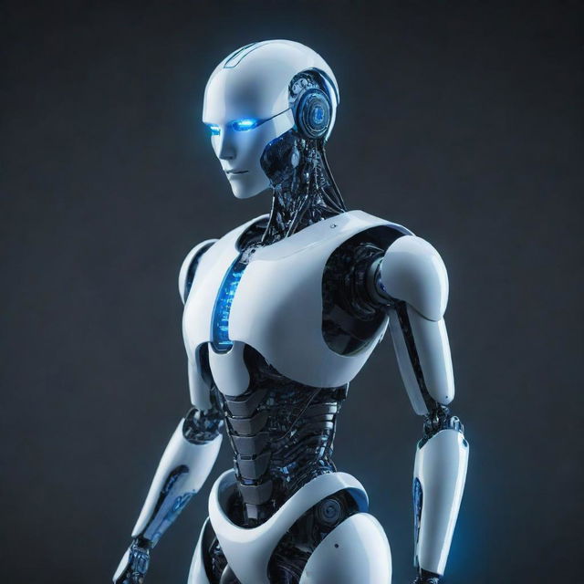 A conceptual representation of artificial intelligence, depicted as a futuristic, sleek robot with neon blue detailing.