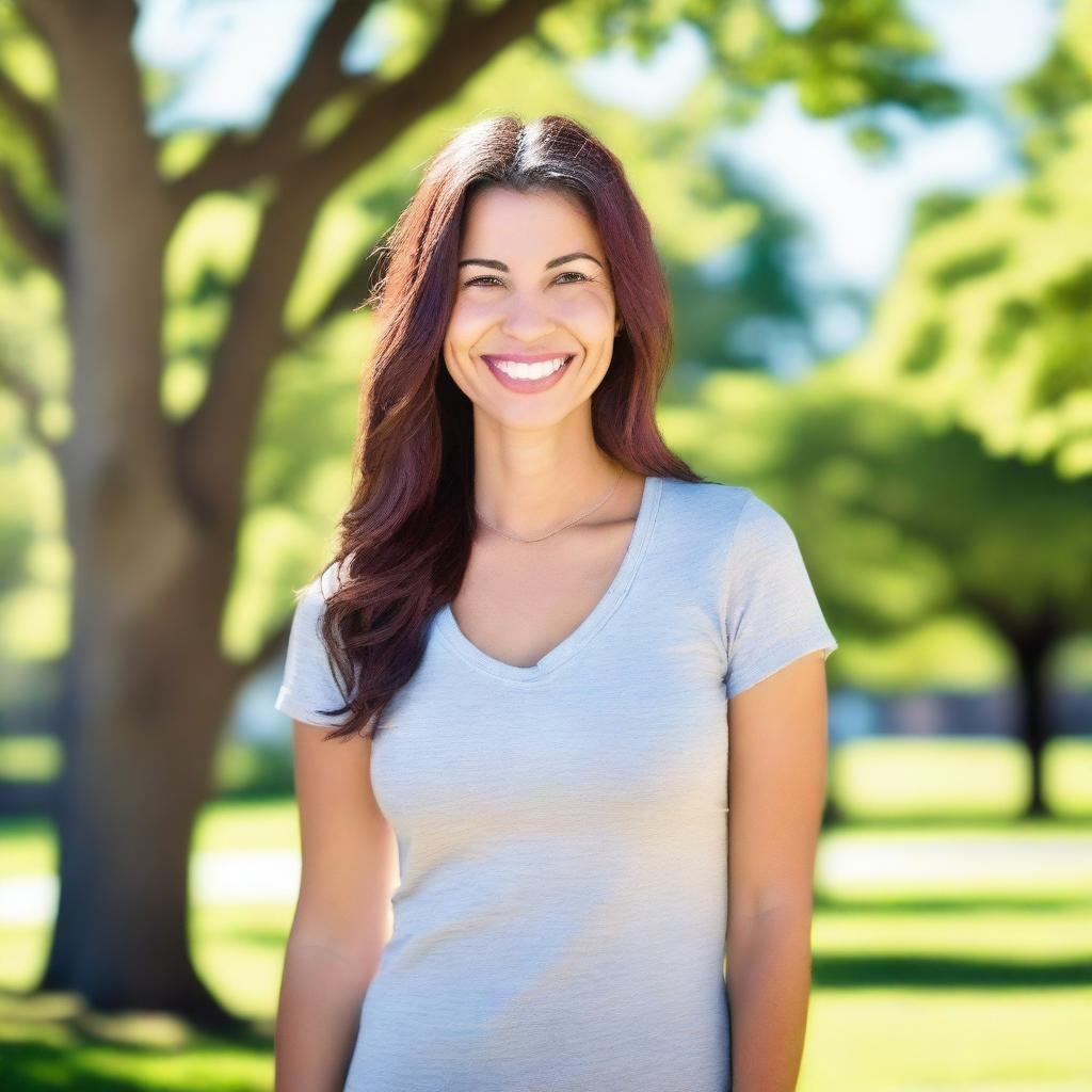 A beautiful woman wearing a fitted t-shirt, standing confidently with a smile