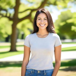 A beautiful woman wearing a fitted t-shirt, standing confidently with a smile