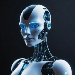 A conceptual representation of artificial intelligence, depicted as a futuristic, sleek robot with neon blue detailing.