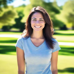 A beautiful woman wearing a fitted t-shirt, standing confidently with a smile