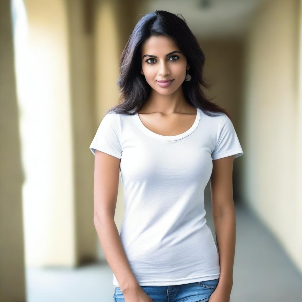 A portrait of an attractive Indian woman wearing a form-fitting t-shirt