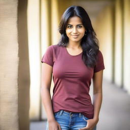 A portrait of an attractive Indian woman wearing a form-fitting t-shirt