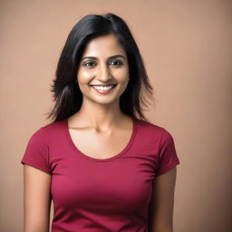 A portrait of an attractive Indian woman wearing a form-fitting t-shirt