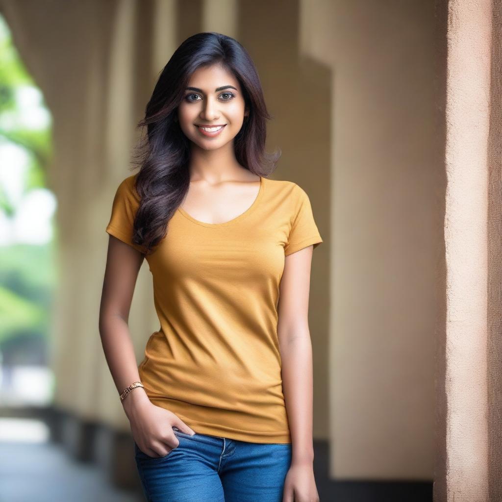 A portrait of an attractive Indian woman wearing a form-fitting t-shirt