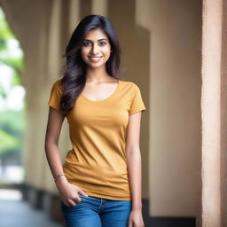 A portrait of an attractive Indian woman wearing a form-fitting t-shirt