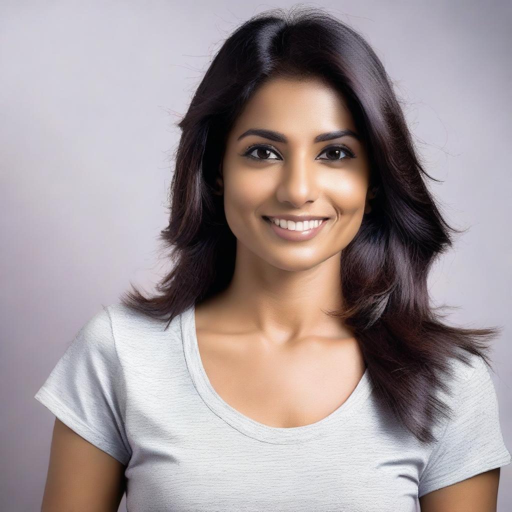 A portrait of an attractive Indian woman wearing a form-fitting t-shirt