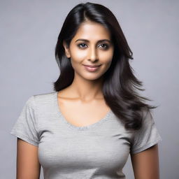 A portrait of an attractive Indian woman wearing a form-fitting t-shirt