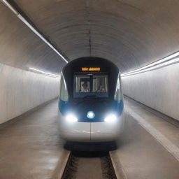 An advanced and eco-friendly electric underground train speeding through a brightly lit tunnel. Inside, passengers are comfortably seated, using their devices or reading while commuting.