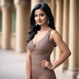 A portrait of an attractive Indian woman wearing a form-fitting one-piece outfit