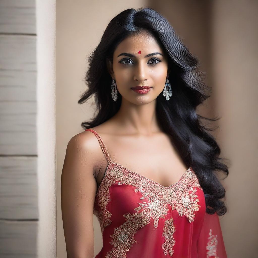 A portrait of an attractive Indian woman wearing a form-fitting night gown