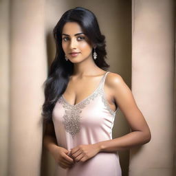 A portrait of an attractive Indian woman wearing a form-fitting night gown