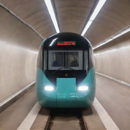 An advanced and eco-friendly electric underground train speeding through a brightly lit tunnel. Inside, passengers are comfortably seated, using their devices or reading while commuting.