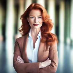 A middle-aged redhead with a confident and alluring expression, dressed in stylish clothing