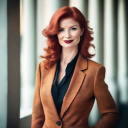 A middle-aged redhead with a confident and alluring expression, dressed in stylish clothing