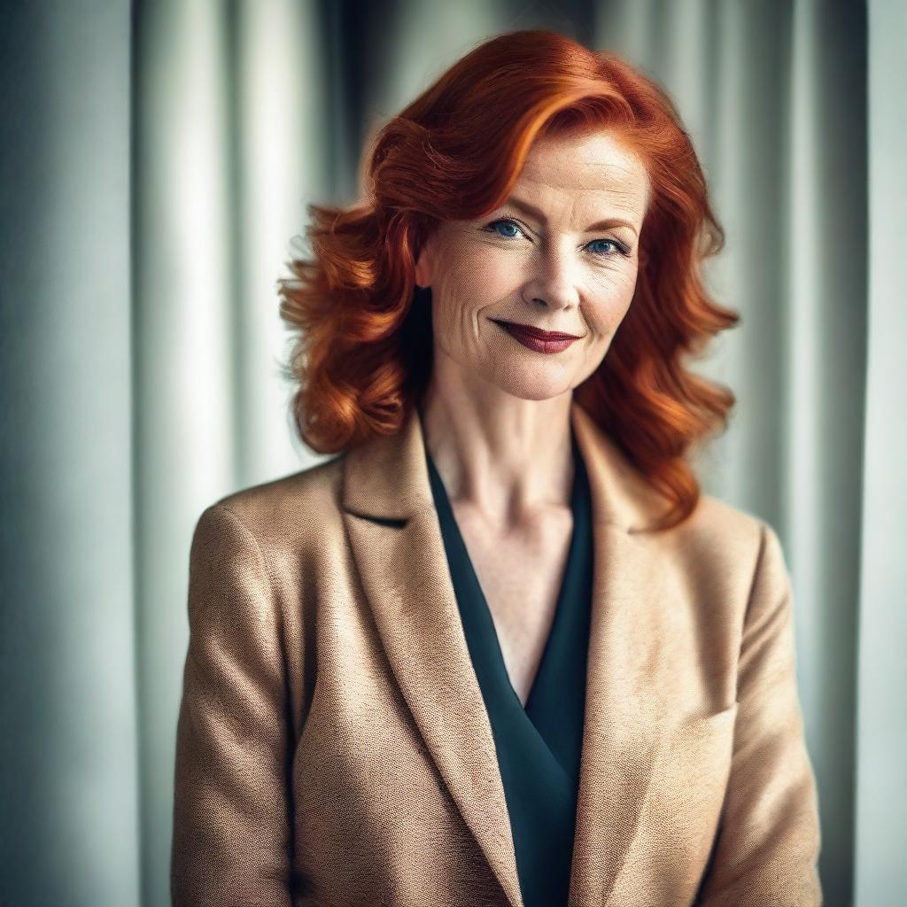 A middle-aged redhead with a confident and alluring expression, dressed in stylish clothing