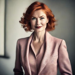 A middle-aged redhead with a confident and alluring expression, dressed in stylish clothing