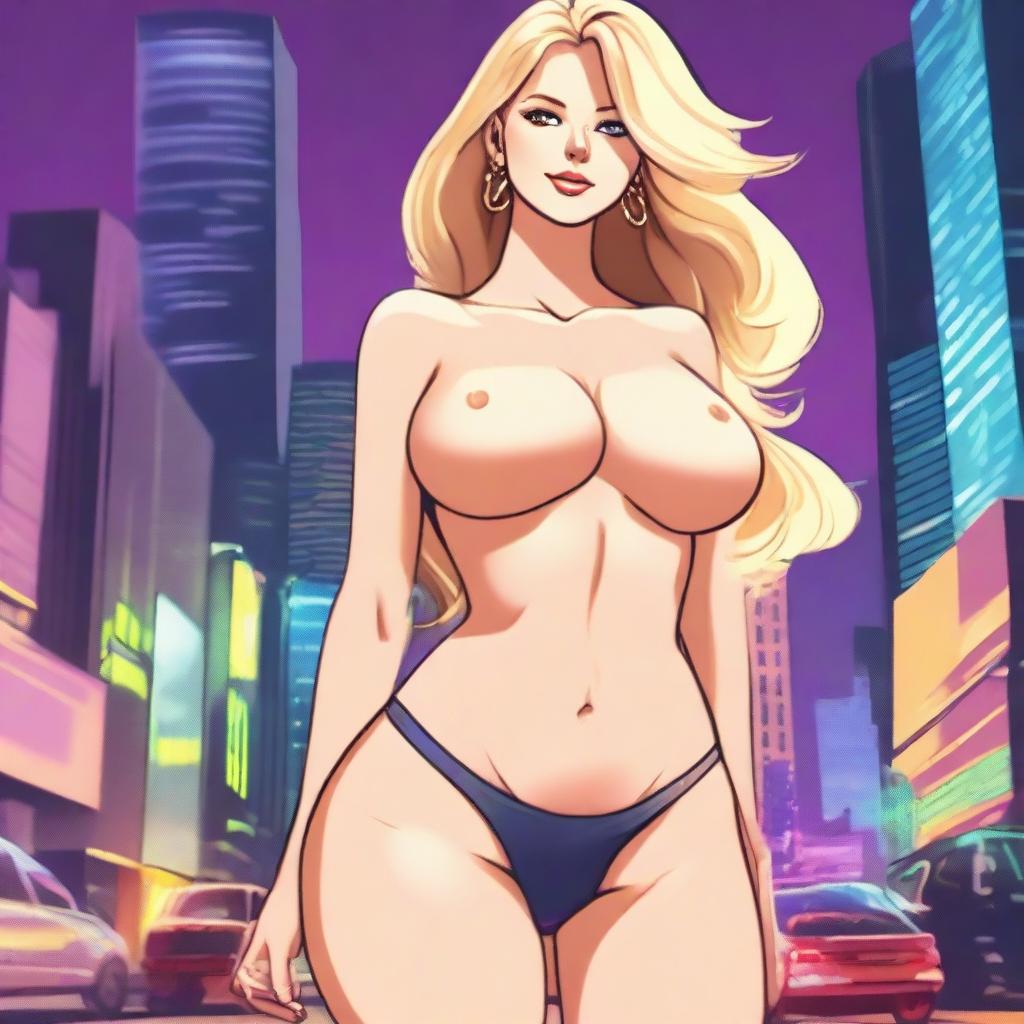 A tall blonde woman with medium-sized breasts and a small, perfectly rounded butt, standing confidently in a stylish outfit