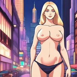 A tall blonde woman with medium-sized breasts and a small, perfectly rounded butt, standing confidently in a stylish outfit