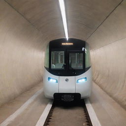 An advanced and eco-friendly electric underground train speeding through a brightly lit tunnel. Inside, passengers are comfortably seated, using their devices or reading while commuting.