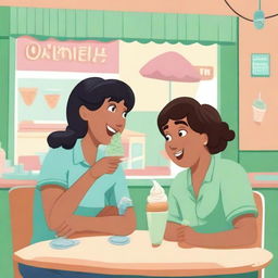 Beatriz and Lucas meeting each other for the first time, both enjoying mint ice cream