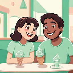 Beatriz and Lucas meeting each other for the first time, both enjoying mint ice cream