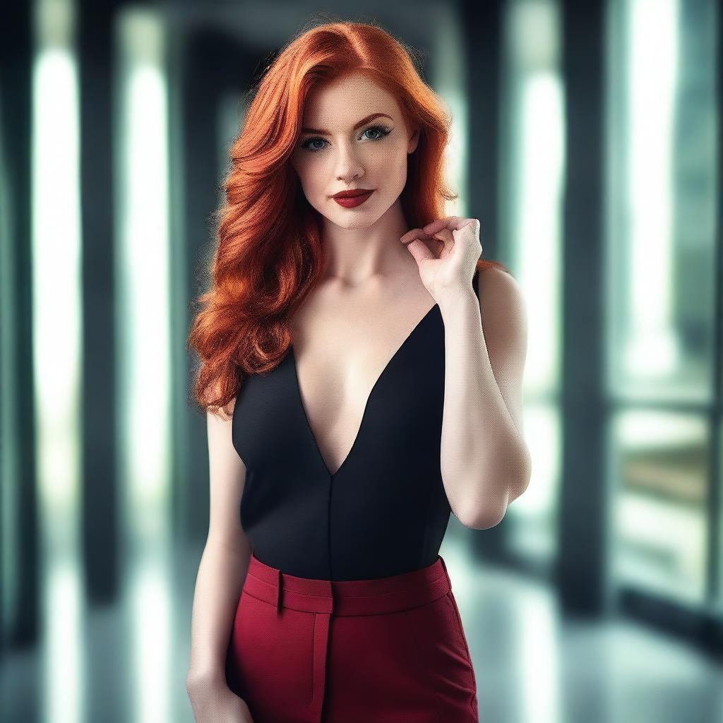 A redhead with a confident and alluring expression, dressed in a provocative outfit