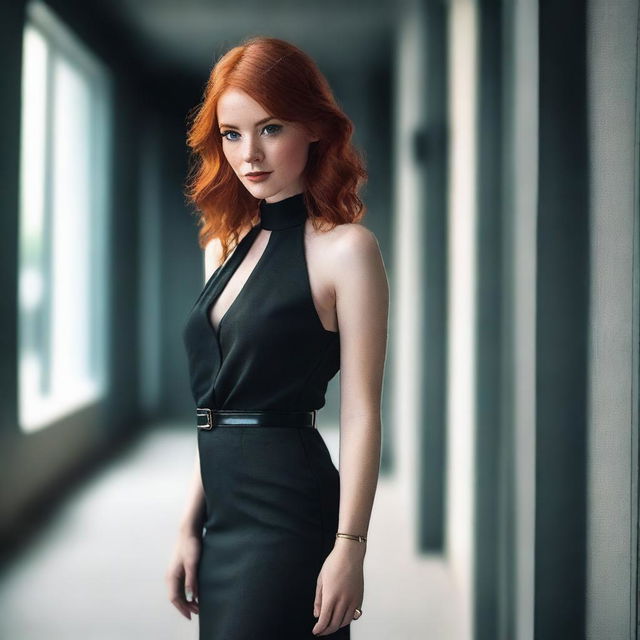 A redhead with a confident and alluring expression, dressed in a provocative outfit