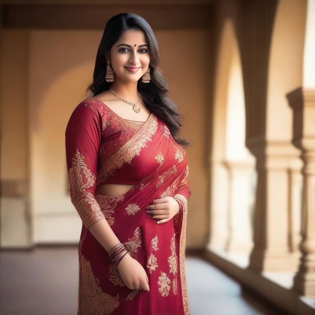 A confident Indian woman with a curvy figure, wearing traditional Indian attire