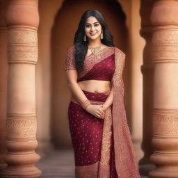 A confident Indian woman with a curvy figure, wearing traditional Indian attire