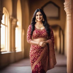 A confident Indian woman with a curvy figure, wearing traditional Indian attire