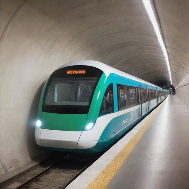 An advanced and eco-friendly electric underground train speeding through a brightly lit tunnel. Inside, passengers are comfortably seated, using their devices or reading while commuting.