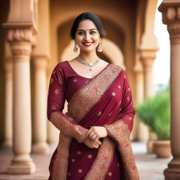 A confident Indian woman with a curvy figure, wearing traditional Indian attire