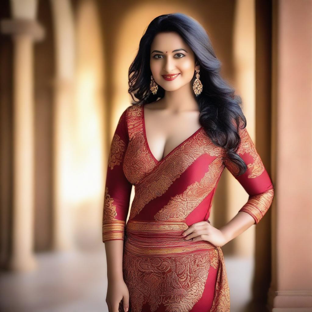 A confident Indian woman with a curvy figure, wearing a tight silk one-piece dress